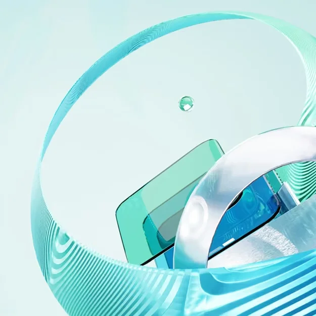 An abstract 3D digital illustration featuring turquoise and metallic silver curved structural elements, glass plates, and floating translucent spheres against a dark background.