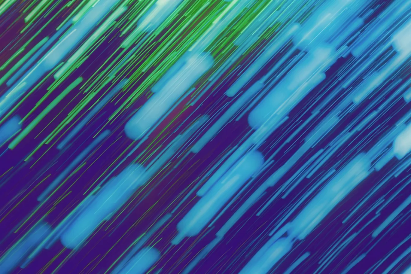 An abstract photograph featuring diagonal streaks of bright blue and green light against a deep purple background, creating a high-speed motion blur effect.